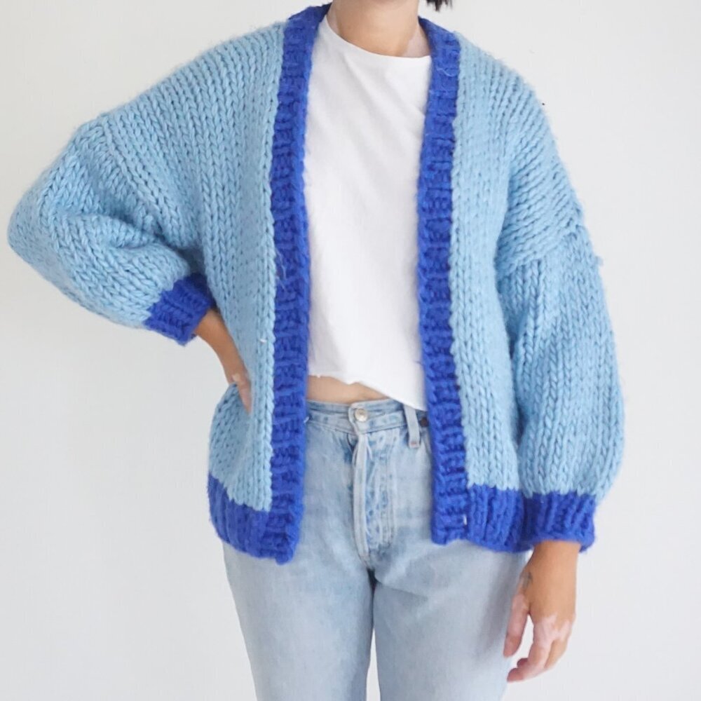 Princess Polly Blue Colorblock Chunky Knit Open Front Cardigan Preppy XS/S
